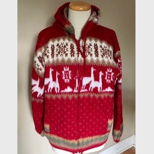 Alpaca Wool Zip Front Sweater Hood Red